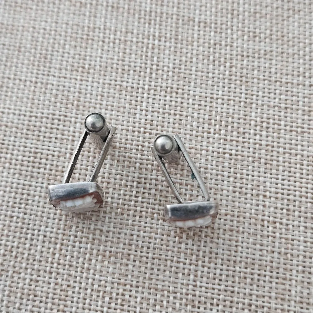 Carved Stone/Shell Top Cufflinks‎ Vintage Sterling Silver